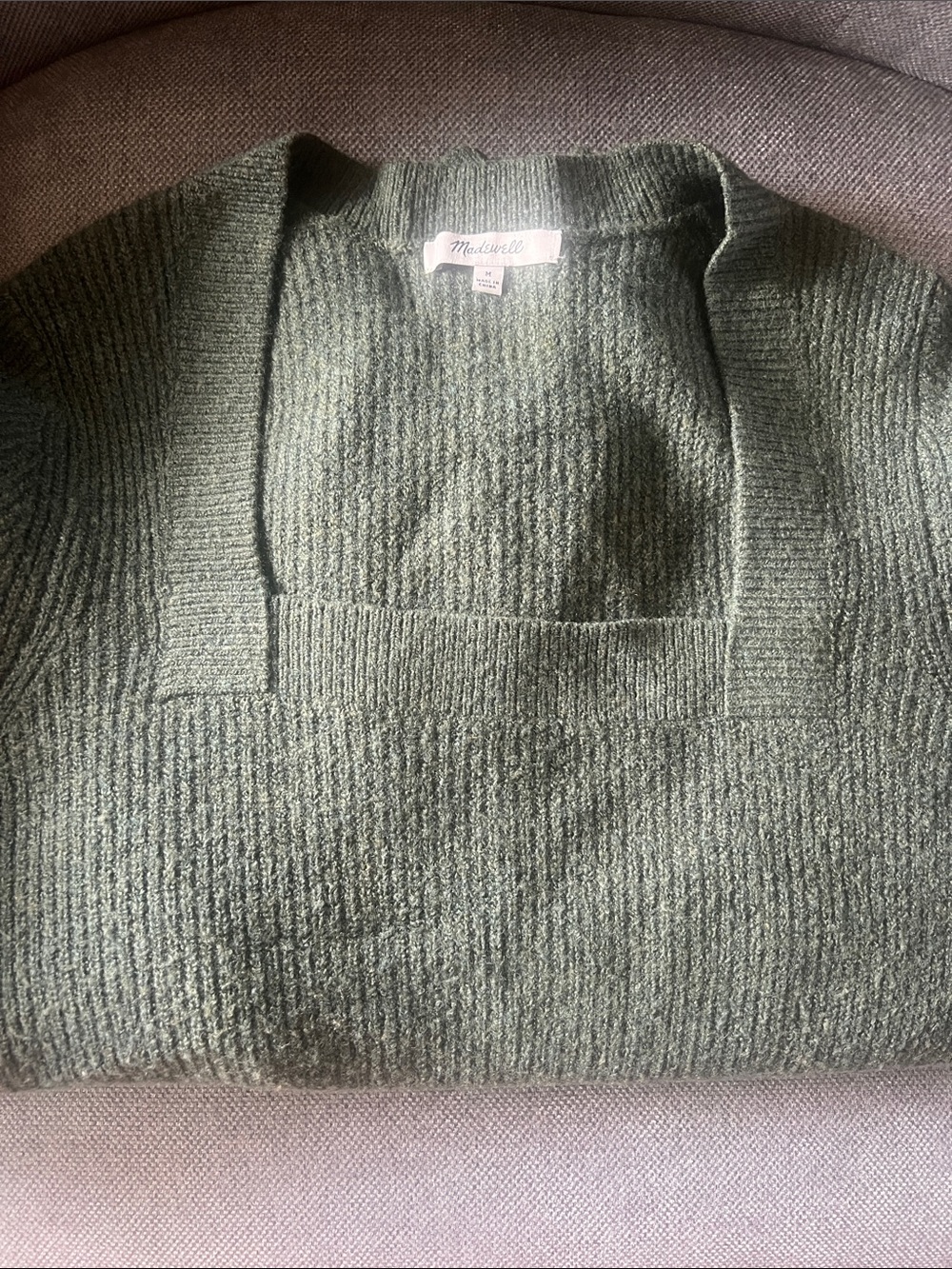Madewell Olive Green Square-Neck Ribbed Knit Bubble-Sleeved Sweater